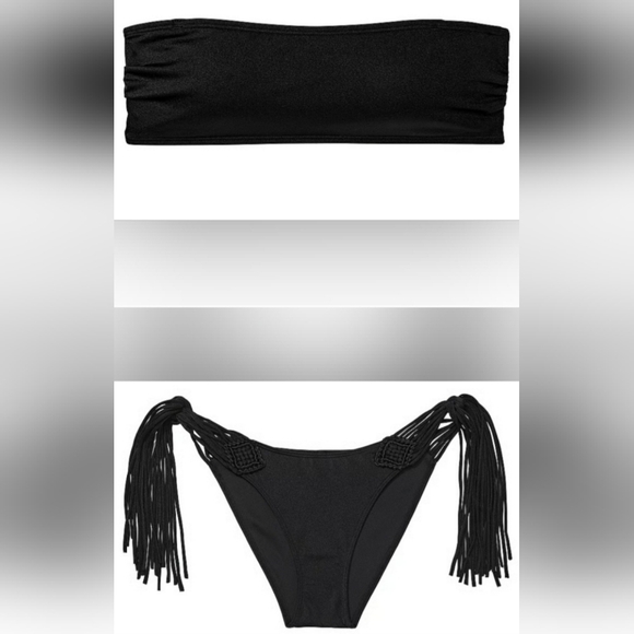 M/M VS Swim Archives Bandeau Bikini Top Macrame Fringe Cheeky Bikini Set Black - Picture 1 of 3